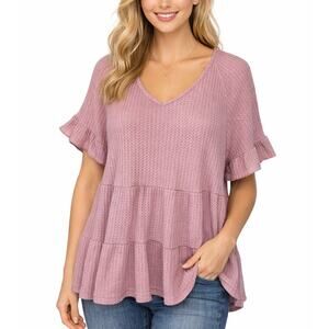 2/$15 Simply Southern Tiered Waffle Knit Top Blush Pink Size L